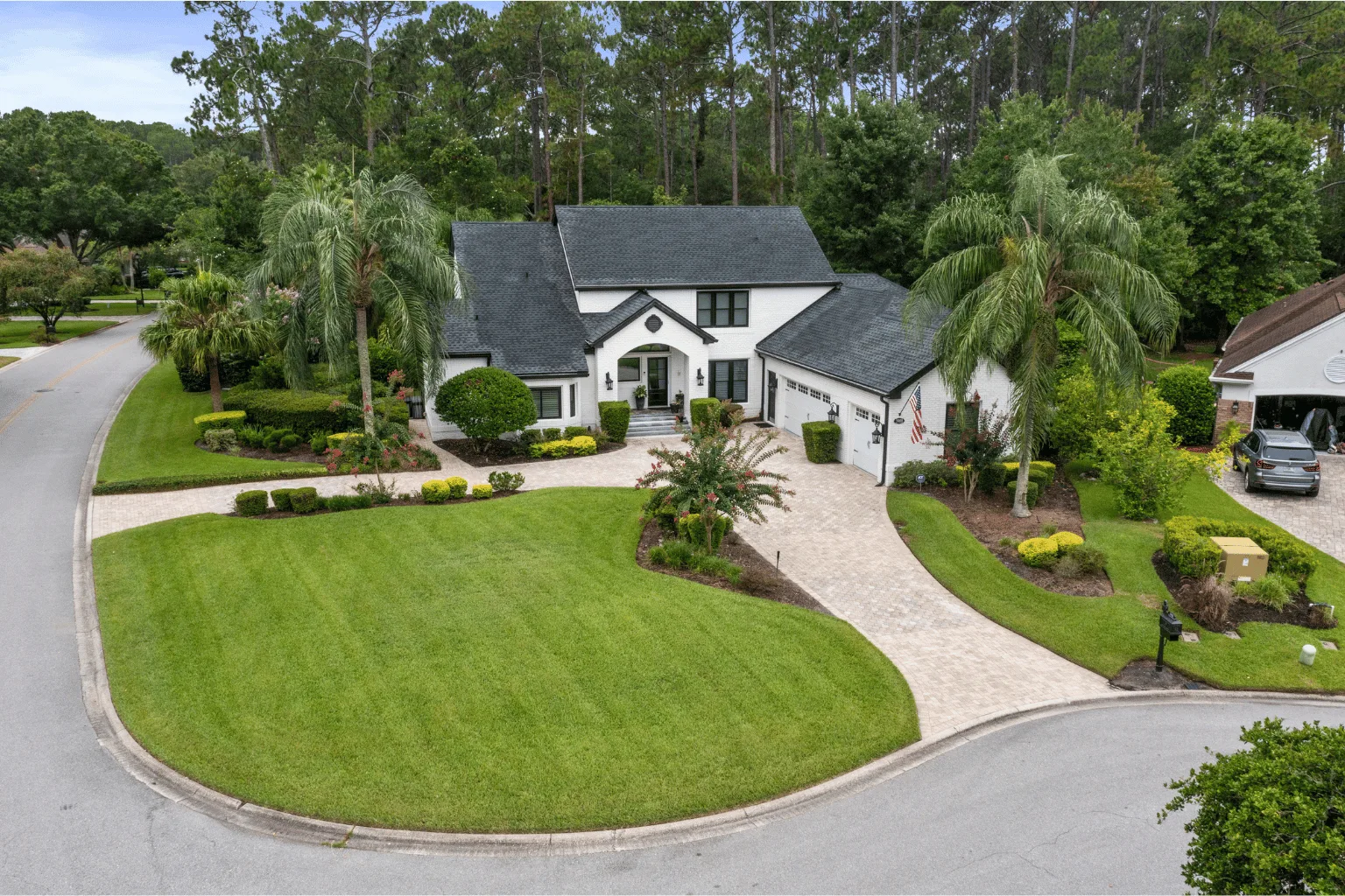 Aerial view of paver driveway and walkway installation at a luxury Jacksonville FL home by Jax Pavers